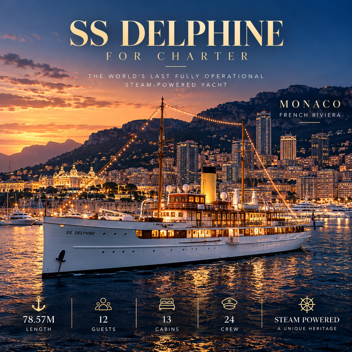 SS Delphine Yacht Legend - 78,57m - 13 Cabins - 24 Crew